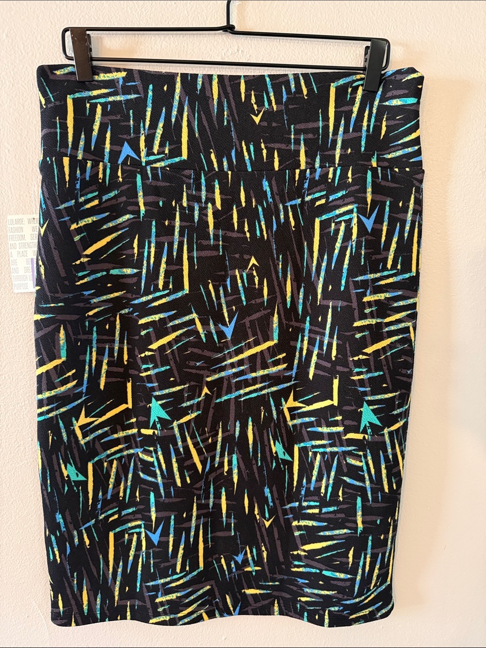 LuLaRoe Black Skirt with Yellow & Teal Abstract Streaks